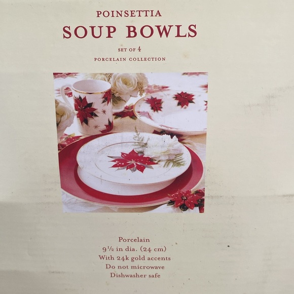 Poinsettia Soup Bowls set of 4 Porcelain Collection - Picture 4 of 5